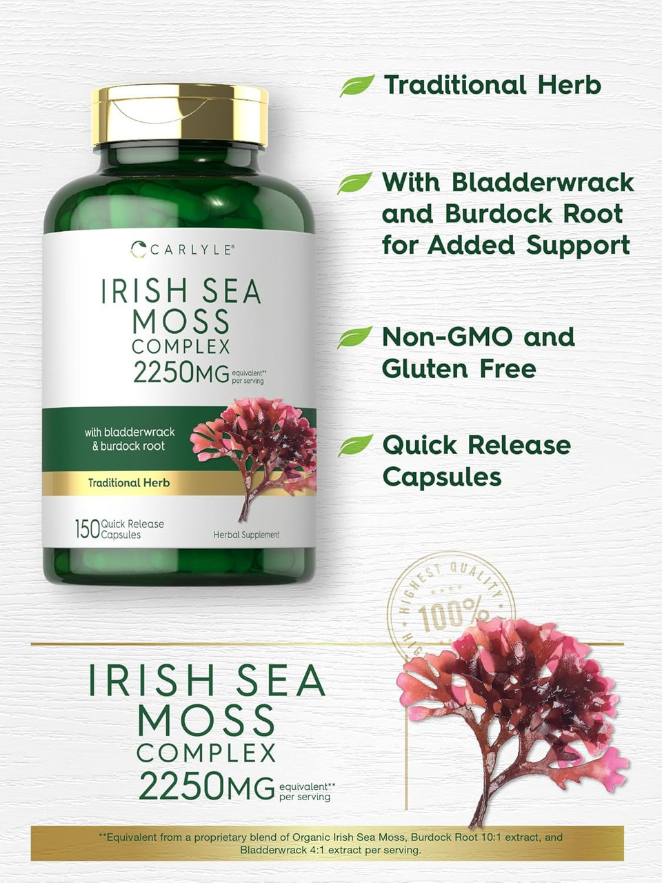 Carlyle Irish Sea Moss Capsules 2250Mg | 150 Count | Complex Formula With Bladderwrack & Burdock Root | Non-Gmo & Gluten Free