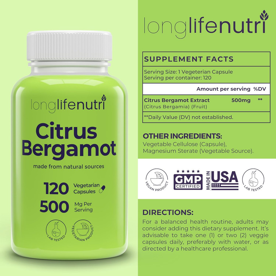 Citrus Bergamot Extract 500Mg - 120 Vegetarian Capsules, 40% Polyphenolic Flavanones, 4-Month Supply, Plant-Based Anti-Oxidant, Tested, Made In Usa