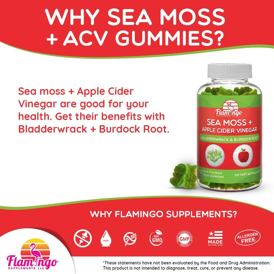 Sea Moss Gummies With Apple Cider Vinegar, Bladderwrack, And Burdock Root Organic- Sea Moss Gummies For Adults And Kids- Vegan, Organic, Irish Seamoss And Acv  70 Ct