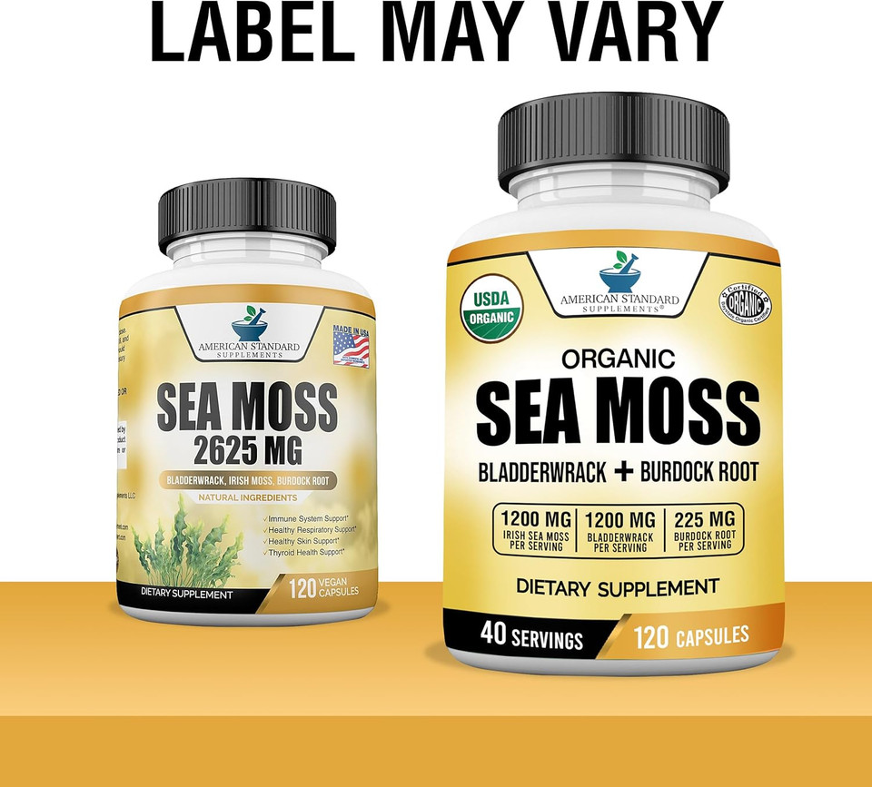 American Standard Supplements Organic Sea Moss, Bladderwrack & Burdock Root Capsules - 1200Mg Sea Moss, 1200Mg Bladderwrack, 225Mg Burdock Root Per Serving - 120 Capsules, 40 Servings