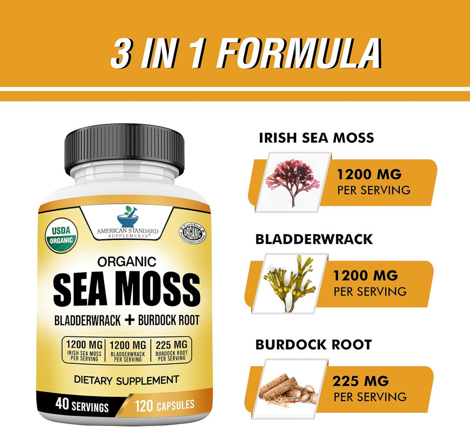 American Standard Supplements Organic Sea Moss, Bladderwrack & Burdock Root Capsules - 1200Mg Sea Moss, 1200Mg Bladderwrack, 225Mg Burdock Root Per Serving - 120 Capsules, 40 Servings
