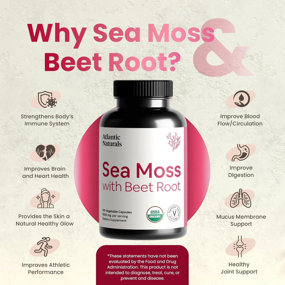 Atlantic Naturals Sea Moss With Beet Root Capsules - Premium Quality Sea Moss Supplement - Sea Moss Superfood To Support Immune Health, Blood Flow, Joint Health & Athletic Performance - 120 Ct