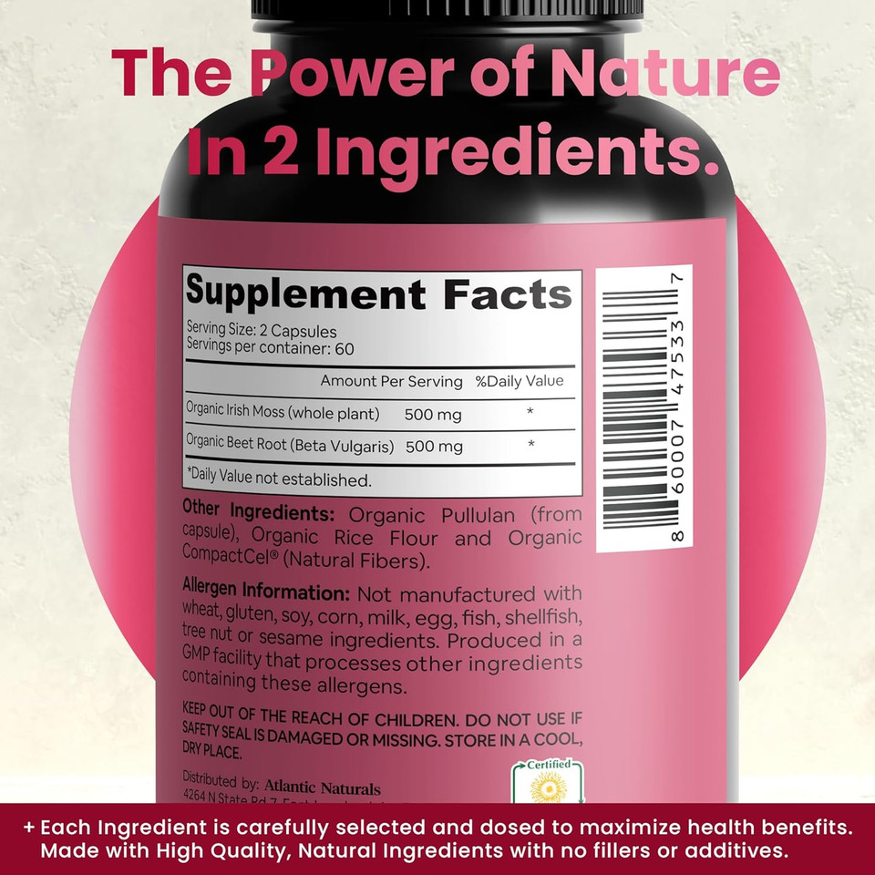 Atlantic Naturals Sea Moss With Beet Root Capsules - Premium Quality Sea Moss Supplement - Sea Moss Superfood To Support Immune Health, Blood Flow, Joint Health & Athletic Performance - 120 Ct