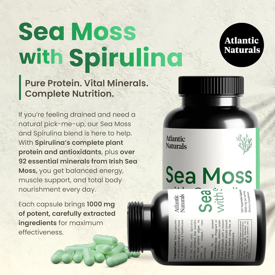 Atlantic Naturals Sea Moss With Spirulina Superfood Capsules - Multivitamin Supplement Supports Healthy Iron And Immune Health, Alternative To Seamoss Gel And Powder - Irish Sea Moss Capsules (120 Ct)