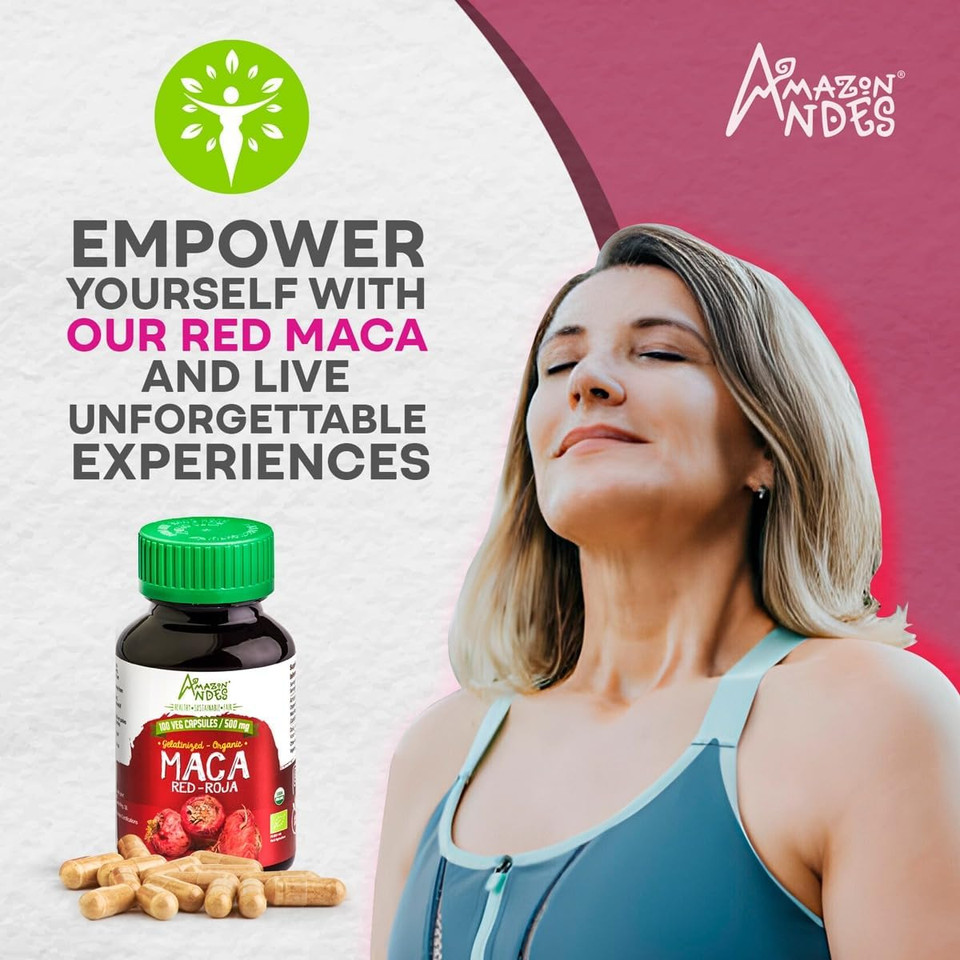 Amazon Andes Red Maca Root Capsules - Female Health Supplement - Natural Energizer - Usda Nop Certified - Genitalized, Non Gmo & Gluten Free - 100 Vegan Pills (1500Mg Per Serving) - Made In Peru