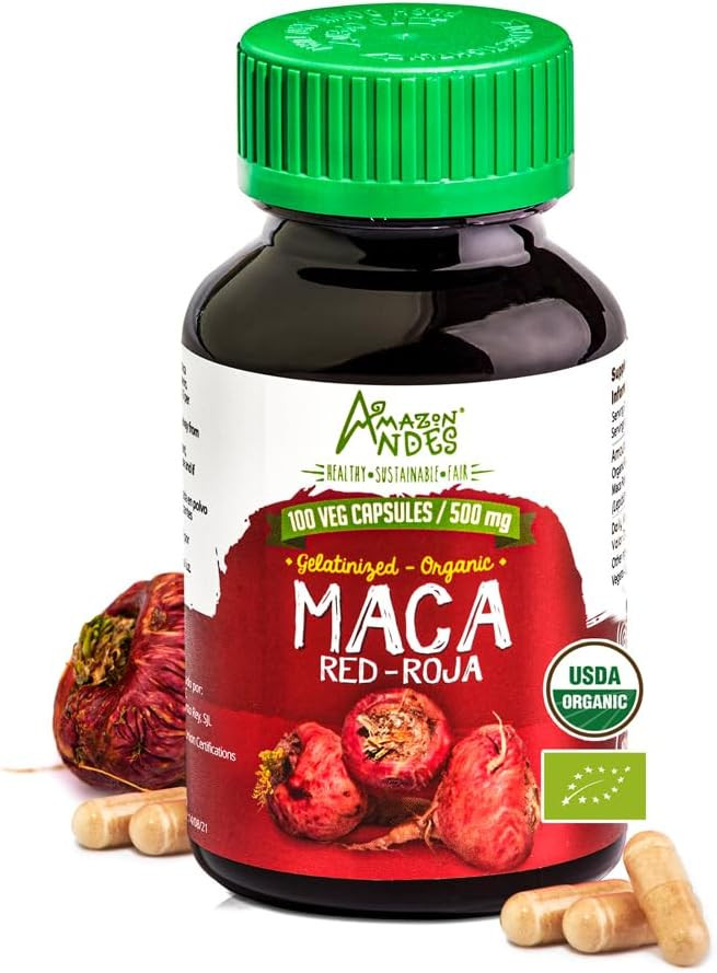 Amazon Andes Red Maca Root Capsules - Female Health Supplement - Natural Energizer - Usda Nop Certified - Genitalized, Non Gmo & Gluten Free - 100 Vegan Pills (1500Mg Per Serving) - Made In Peru