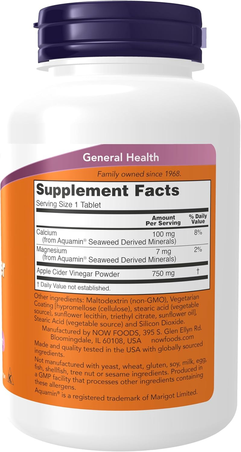 Now Foods Supplements, Apple Cider Vinegar 750 Mg, From Fermentation Of Sweet Apple Cider, Extra Strength, 180 Tablets