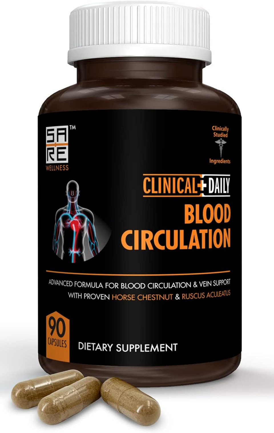 Clinical Daily Blood Circulation Supplements. Butchers Broom, Horse Chestnut, Hawthorn, Cayenne, Arginine, Diosmin Varicose Veins Treatment For Legs. Poor Circulation And Vein Support. 90 Capsules