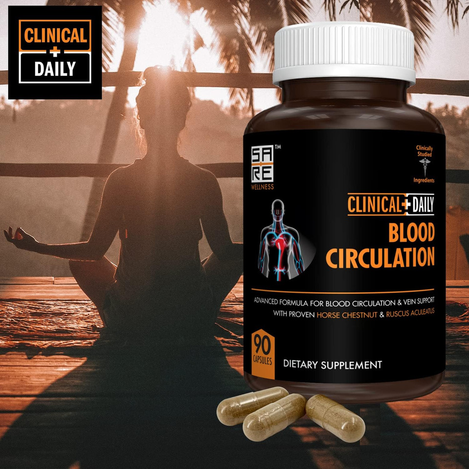 Clinical Daily Blood Circulation Supplements. Butchers Broom, Horse Chestnut, Hawthorn, Cayenne, Arginine, Diosmin Varicose Veins Treatment For Legs. Poor Circulation And Vein Support. 90 Capsules