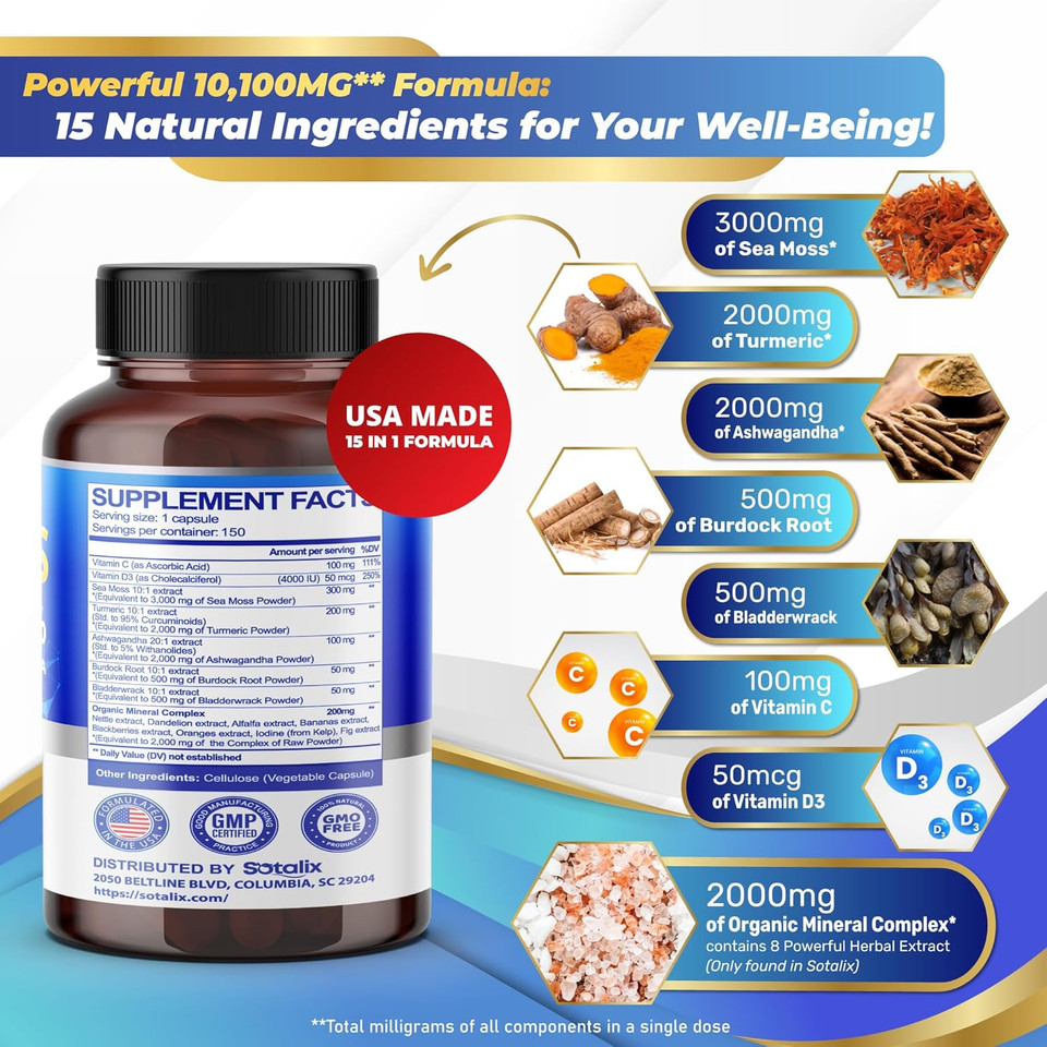 Sotalix Sea Moss Capsule 10100Mg With Ashwagandha, Burdock Root, Bladderwrack, Turmeric - Powerful Natural Immunity Booster - Usa Made (150 Count (Pack Of 1))