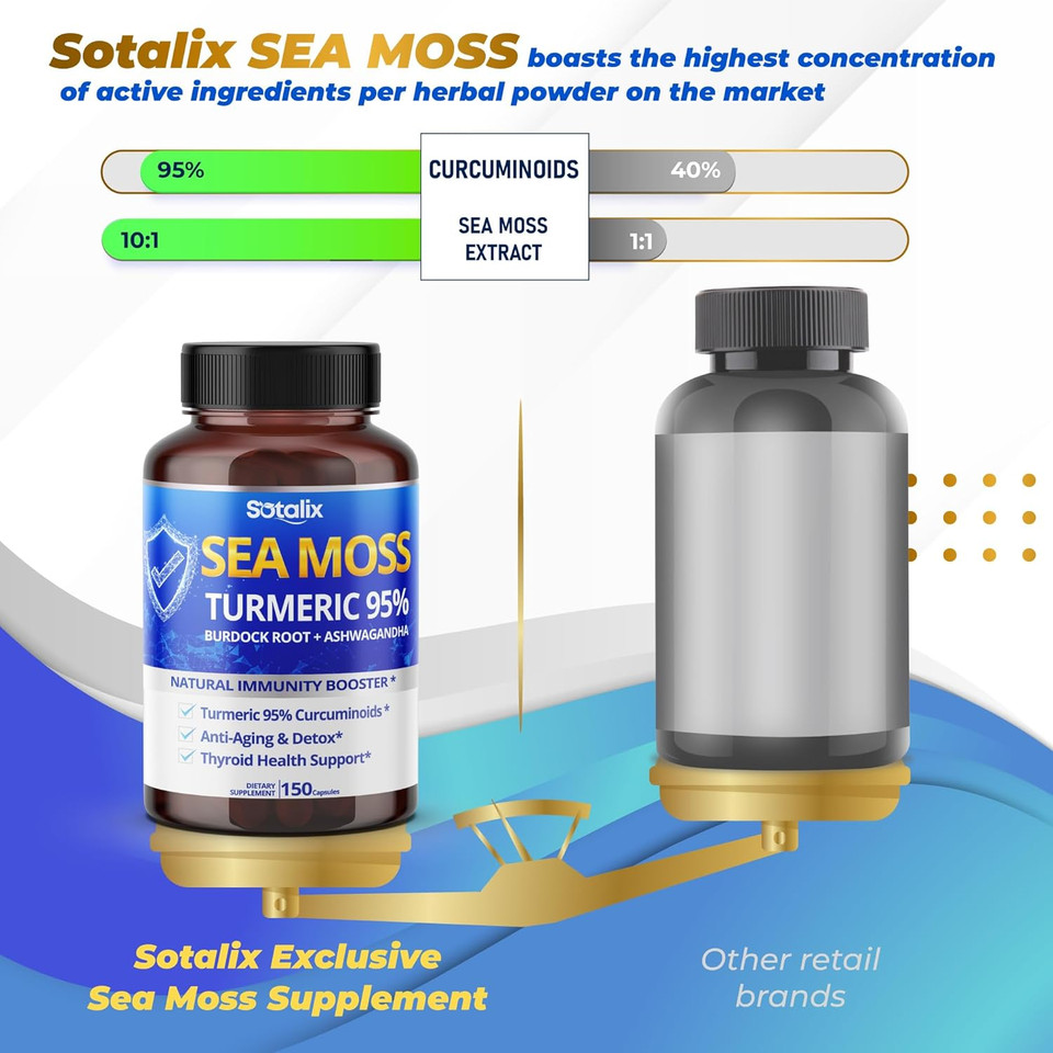Sotalix Sea Moss Capsule 10100Mg With Ashwagandha, Burdock Root, Bladderwrack, Turmeric - Powerful Natural Immunity Booster - Usa Made (150 Count (Pack Of 1))