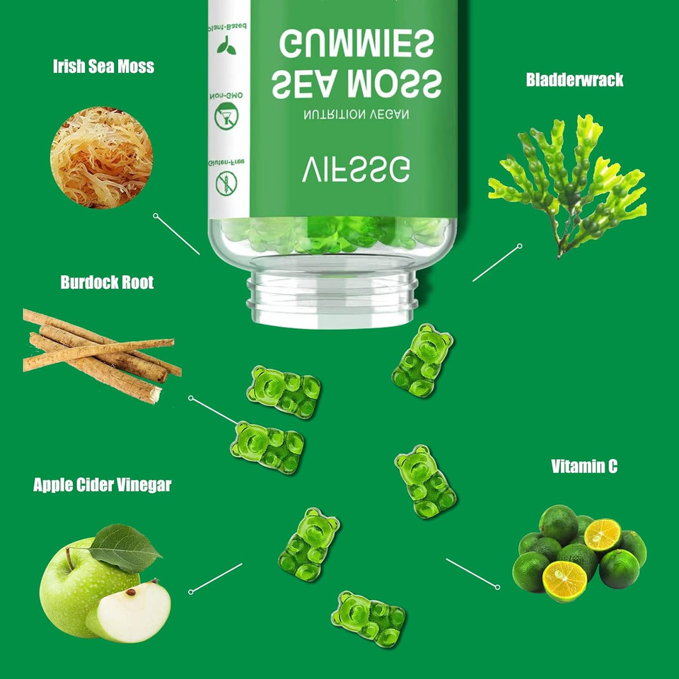 Sea Moss Gummies, 3000Mg Irish Seamoss Gummies Vegan For Adults & Kids With Organic Bladderwrack, Burdock Root And Apple Cider Vinegar Supplement 60 Gummies Pack Of 1