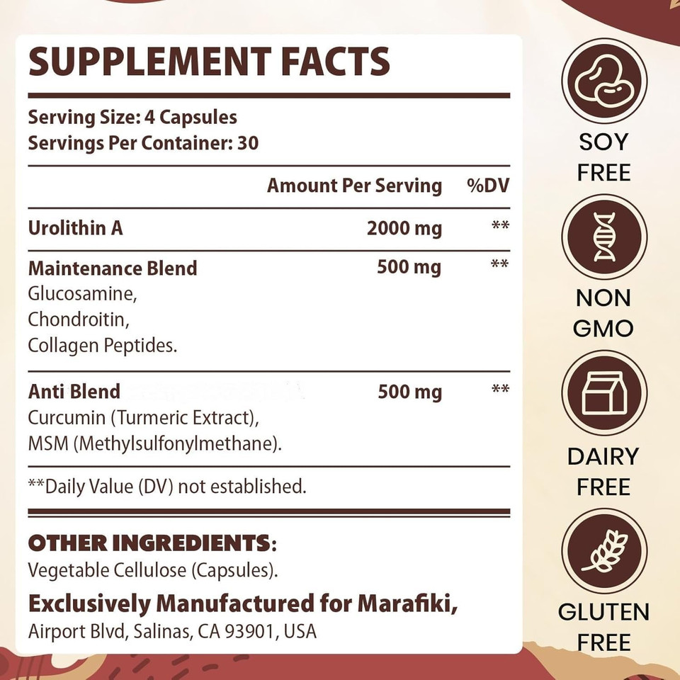 Marafiki Urolithin A Supplement 2000Mg With Glucosamine, Chondroitin, Collagen & Turmeric - 120 Capsules