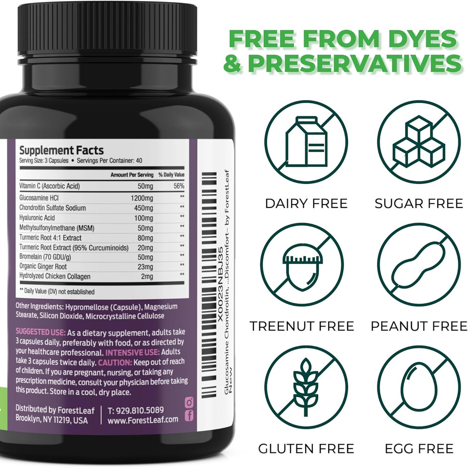 Forestleaf - Glucosamine & Chondroitin With Msm Complex, Turmeric, Hyaluronic Acid And Bromelain - 120 Capsules - Advanced Triple Strength Joint Support, Muscle & Cartilage Dietary Supplement