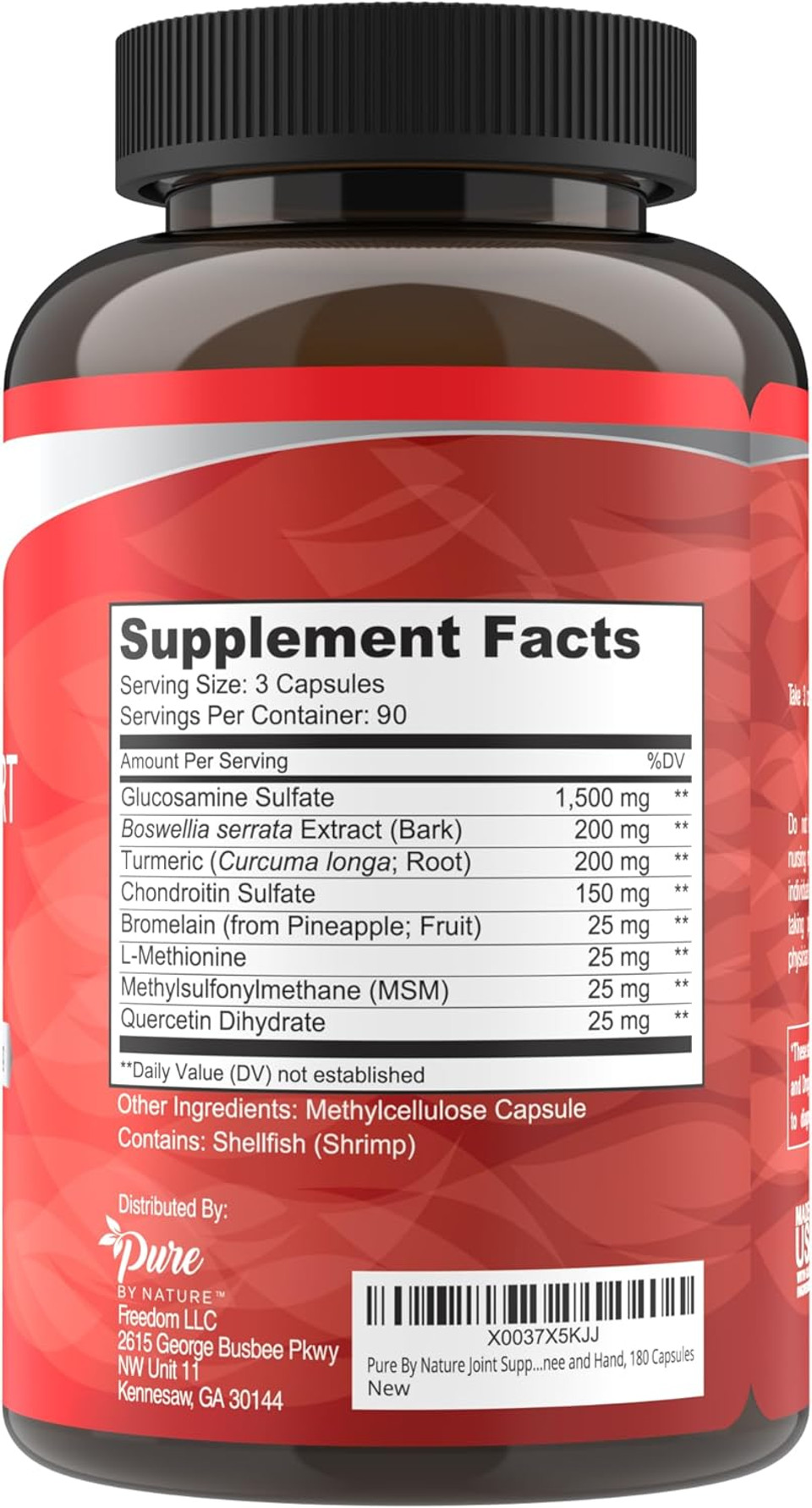 Pure By Nature Joint Support, Glucosamine With Chondroitin Turmeric Msm Boswellia Supplement, 270 Capsules