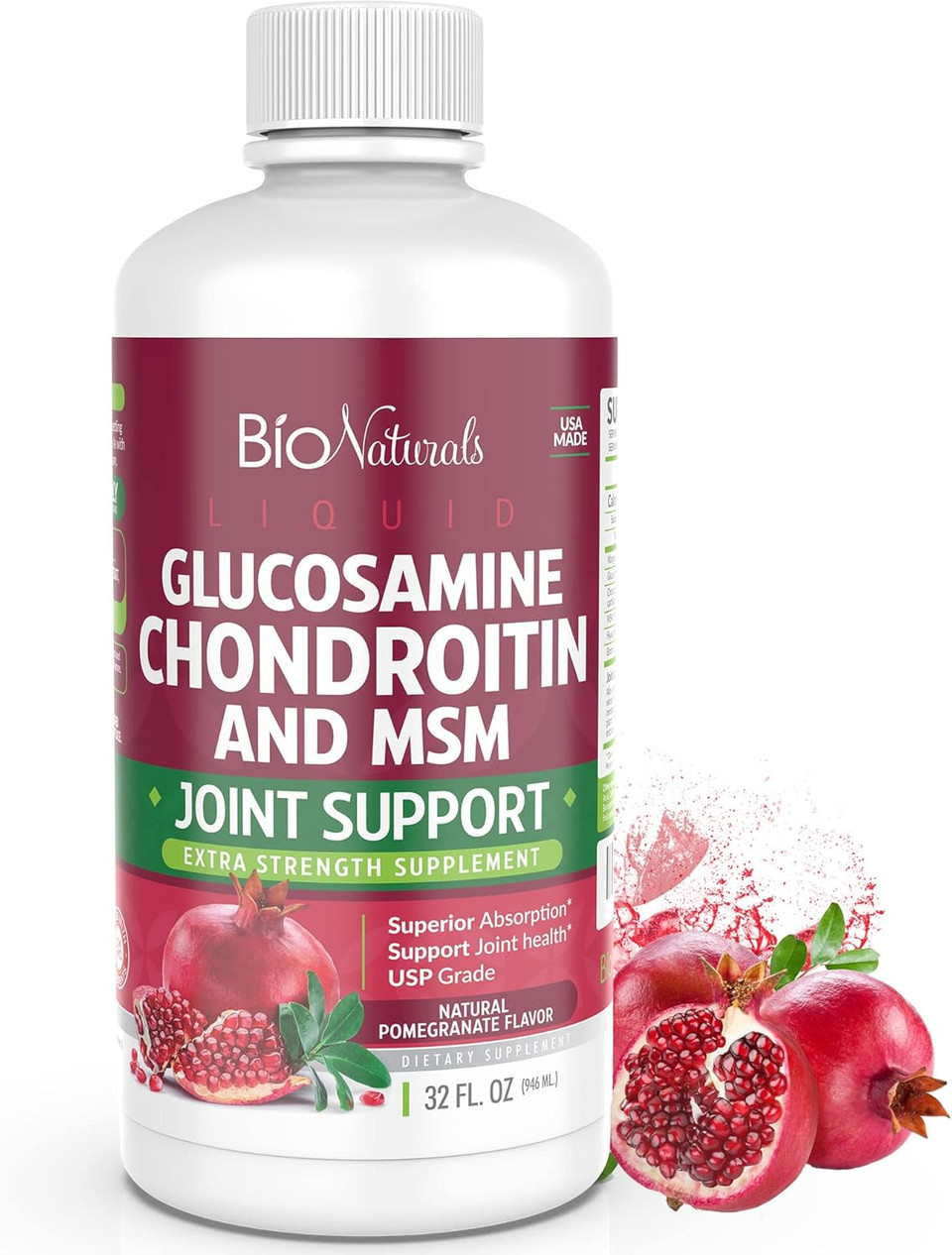 Bio Naturals Liquid Glucosamine Chondroitin Msm Pharmaceutical Grade Supplement With Hyaluronic Acid  Maximum Strength Joint Support - 32 Fl Oz