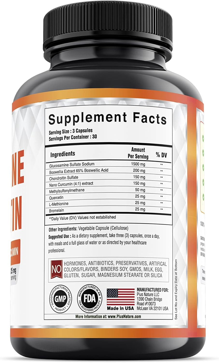 Glucosamine Chondroitin Msm Boswellia Curcumin Bromelain Quercetin - 90 Caps Per Bottle - 1 Month Supply