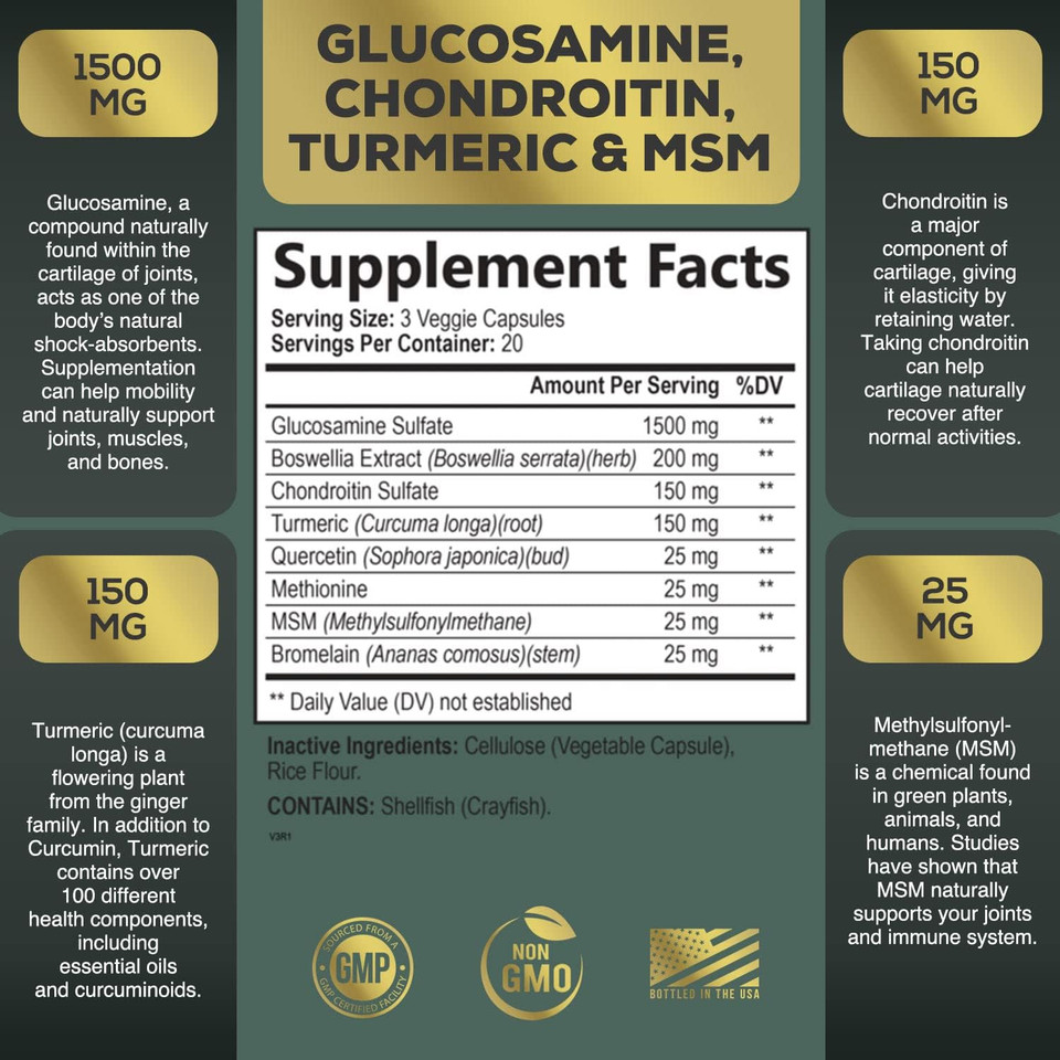 Glucosamine Chondroitin Supplements Msm Complex - Antioxidant & Joint Support With Turmeric, Boswellia, Quercetin - For Occasional Discomfort Of Joints, Back, Hands, Knees & Mobility - 60 Capsules