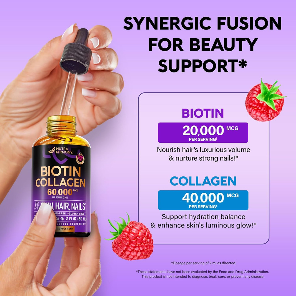 Liquid Biotin & Collagen - Vitamins For Hair Growth Support For Women & Men - Extra Strength 60000 Mcg Drops - B7 Supplement - Strong Nails & Healthy Skin - 98% Faster Absorption Than Pills
