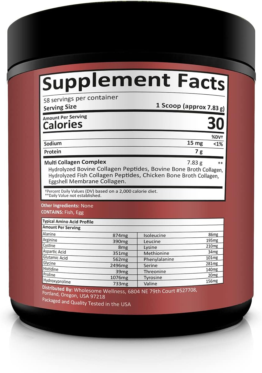 Multi Collagen Protein Powder Hydrolyzed (Type I Ii Iii V X) Grass-Fed All-In-One Super Bone Broth + Collagen Peptides - Premium Blend Of Beef, Chicken, Wild Fish, Eggshell, 58 Servings, Unflavoured