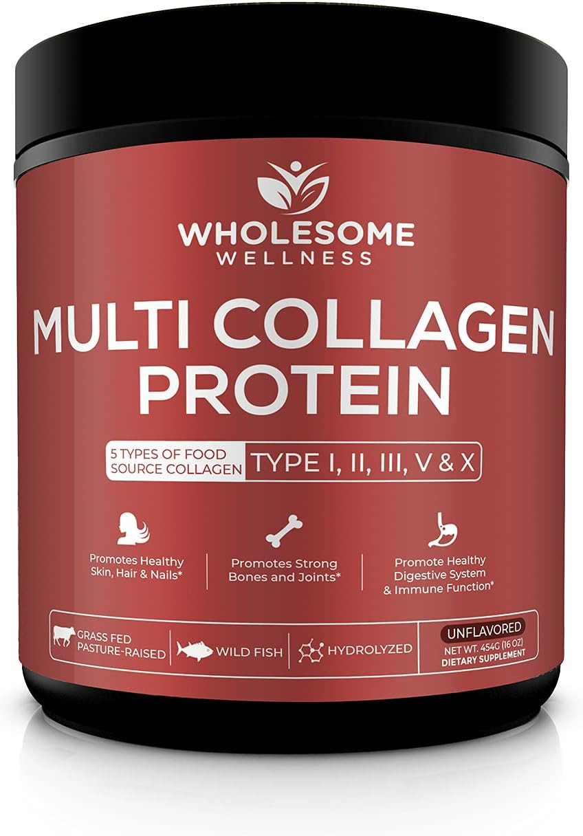 Multi Collagen Protein Powder Hydrolyzed (Type I Ii Iii V X) Grass-Fed All-In-One Super Bone Broth + Collagen Peptides - Premium Blend Of Beef, Chicken, Wild Fish, Eggshell, 58 Servings, Unflavoured