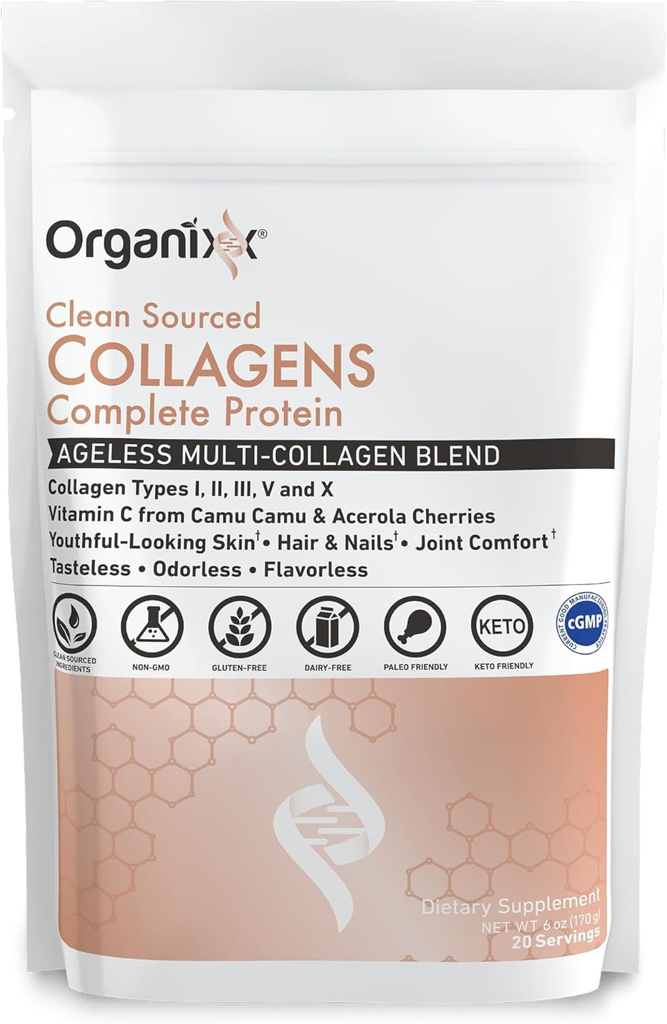 Organixx Collagen Peptides Powder With Vitamin C, Types I, Ii, Iii, V, X Hydrolyzed Collagen, Hair, Nail, Skin, Bone & Joint Health, Aging Support, Clean Sourced, Gluten Free, Unflavored, 20 Servings