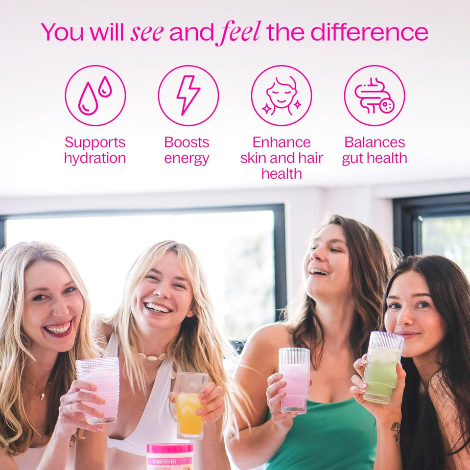 Daily Fiber Supplement Powder With Collagen, Probiotics & Electrolytes | Supports Digestive Health, Gut Balance & Debloating | Strawberry Lemonade | 16 Servings