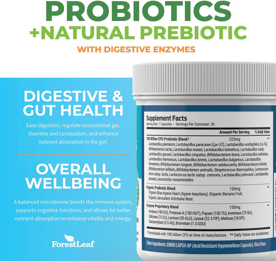 Forestleaf Clinically Studied Probiotics 100 Billion Cfu, 26 Strains With Organic Prebiotic Blend & Digestive Enzymes - Probiotic Prebiotic For Men & Women - Probiotics Digestive Health 30 Capsules