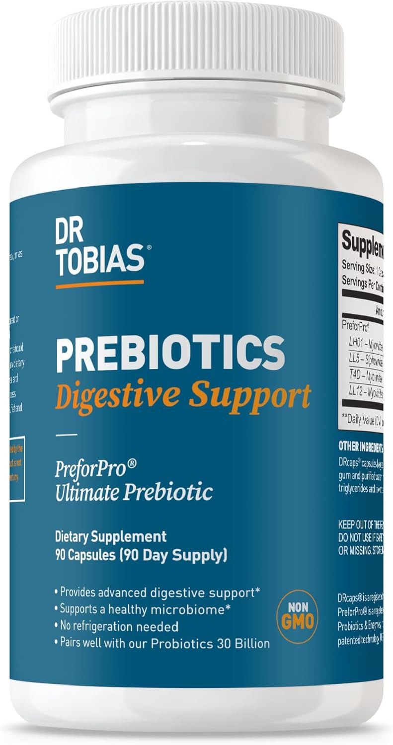 Dr. Tobias Prebiotics Digestive Support, Advanced Prebiotic Supplement For Gut Health, Immune Function & Boost For Probiotics For Women & Men, Vegan, Non-Gmo, 90 Capsules, 90 Servings