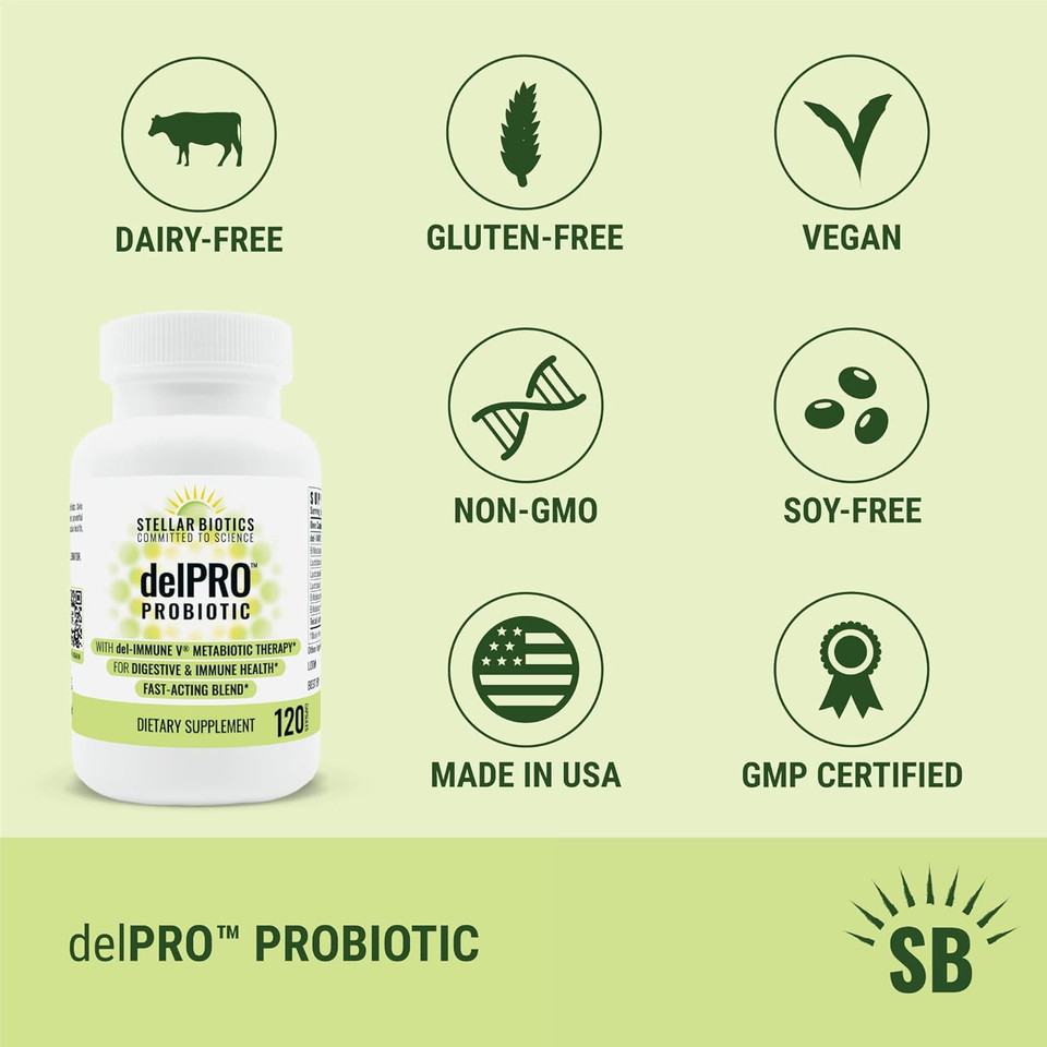Del-Immune Vâ® + Delpro Probiotic & Prebiotic Blend By Stellar Biotics - Promotes Optimal Gut Health, Digestion, Immune Support & Mood (120 Capsules)