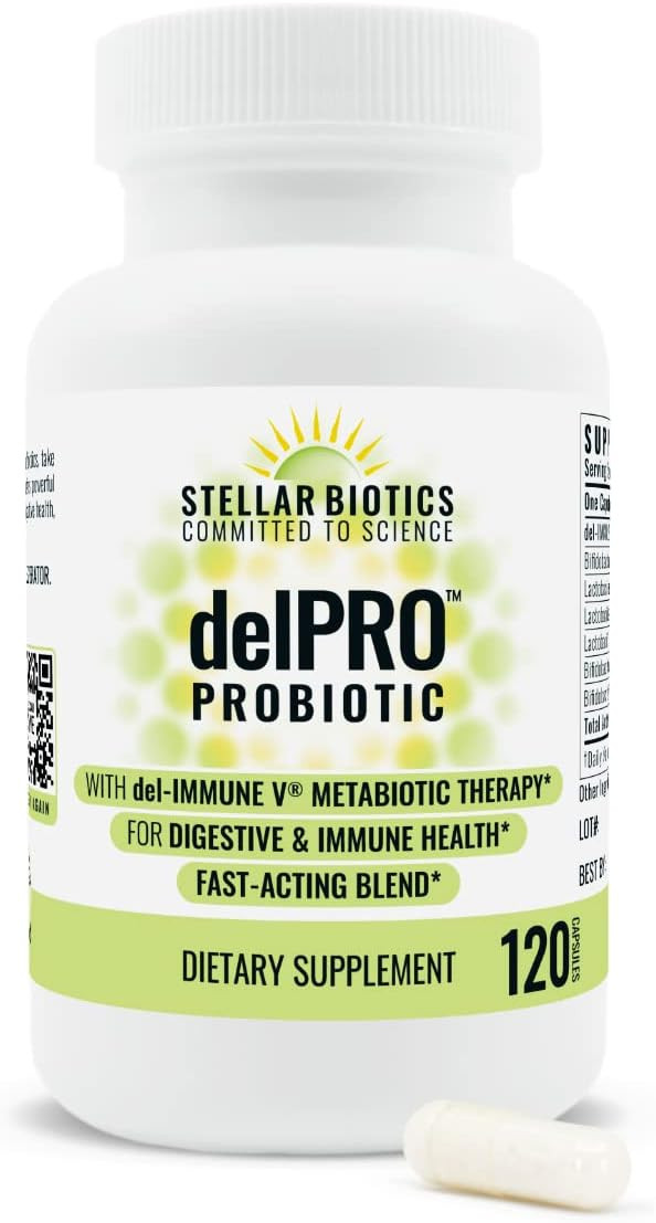 Del-Immune Vâ® + Delpro Probiotic & Prebiotic Blend By Stellar Biotics - Promotes Optimal Gut Health, Digestion, Immune Support & Mood (120 Capsules)