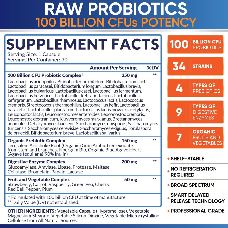 Organic Raw Probiotics 100 Billion Cfu, Dr Formulated For Women And Men, Complete Adult Supplement With Prebiotics And Digestive Enzymes; 30 Capsules, Shelf Stable Organic Raw Probiotics 100 Billion Cfu, Dr Formulated For Women And Men, Complete Adult Supplement With Prebiotics And Digestive Enzymes; 30 Capsules, Shelf Stable