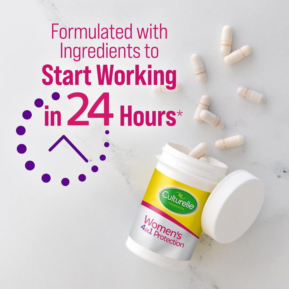 Culturelle 4-In-1 Probiotics For Women, Daily Probiotic & Prebiotic Supplement To Support Vaginal Health, Digestive Health, Immune Health, Occasional Diarrhea, Gas & Bloating Relief, Non-Gmo, 30 Count