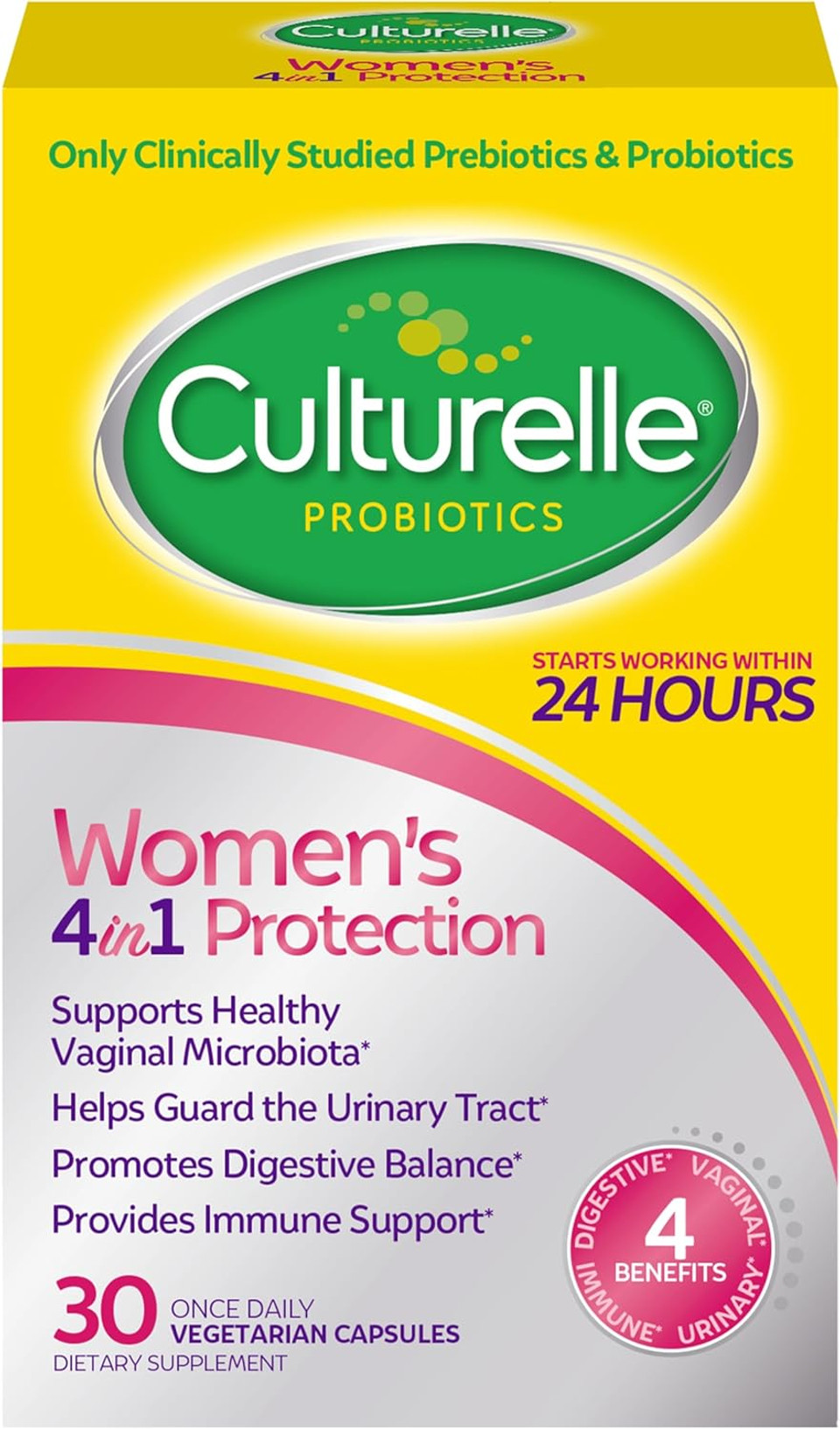 Culturelle 4-In-1 Probiotics For Women, Daily Probiotic & Prebiotic Supplement To Support Vaginal Health, Digestive Health, Immune Health, Occasional Diarrhea, Gas & Bloating Relief, Non-Gmo, 30 Count