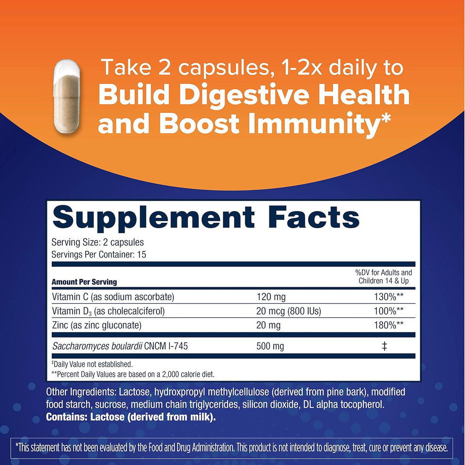 Florastor Select Immunity Boost Daily Probiotic & Immune Support Supplement For Women And Men, Saccharomyces Boulardii Cncm I-745 Plus Zinc, Vitamin C & D3 (30 Capsules)