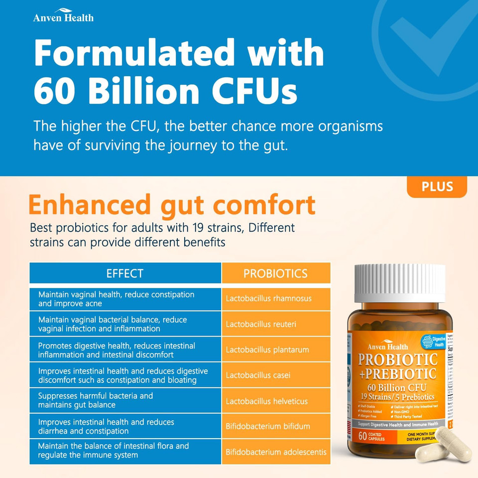 60 Billion Probiotics For Women And Men 19 Strains 5 Organic Prebiotics For Gut Digestive & Immune Health, Supports Diarrhea Gas Bloating, Vegan Probiotic Supplement Formula?60 Caps