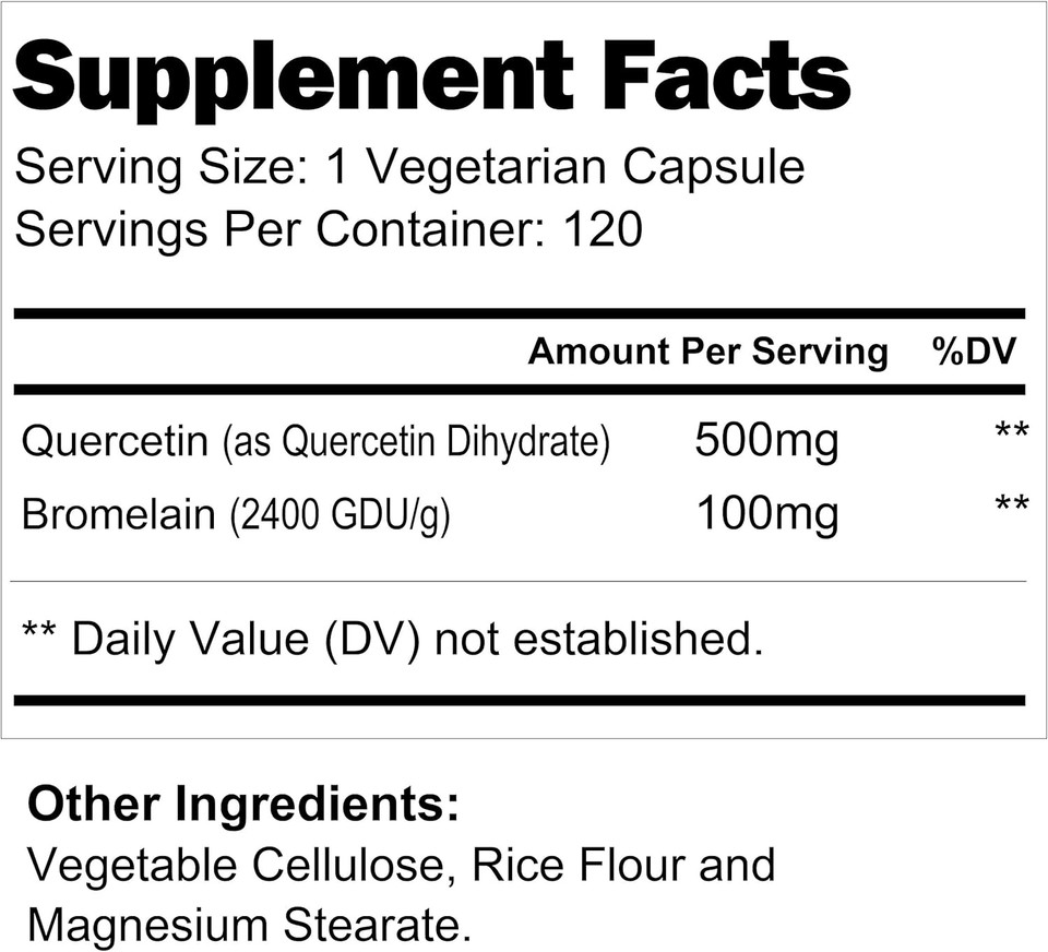 Quercetin 500Mg With Bromelain 100Mg 120 Vegetarian Capsules | Natural Antioxidant Supplement | Relief Complex | Dihydrate Pure Powder Extract Cap 500 Mg Plus
