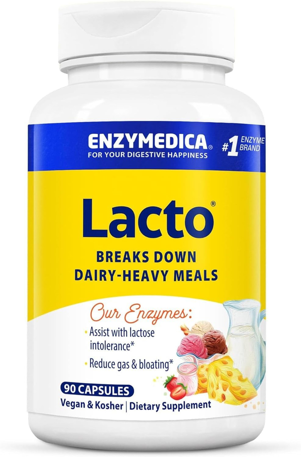 Enzymedica Lacto, Digestive Enzymes For Complete Dairy Digestion, Offers Fast-Acting Gas & Bloating Relief, Standard Packaging, 180 Count