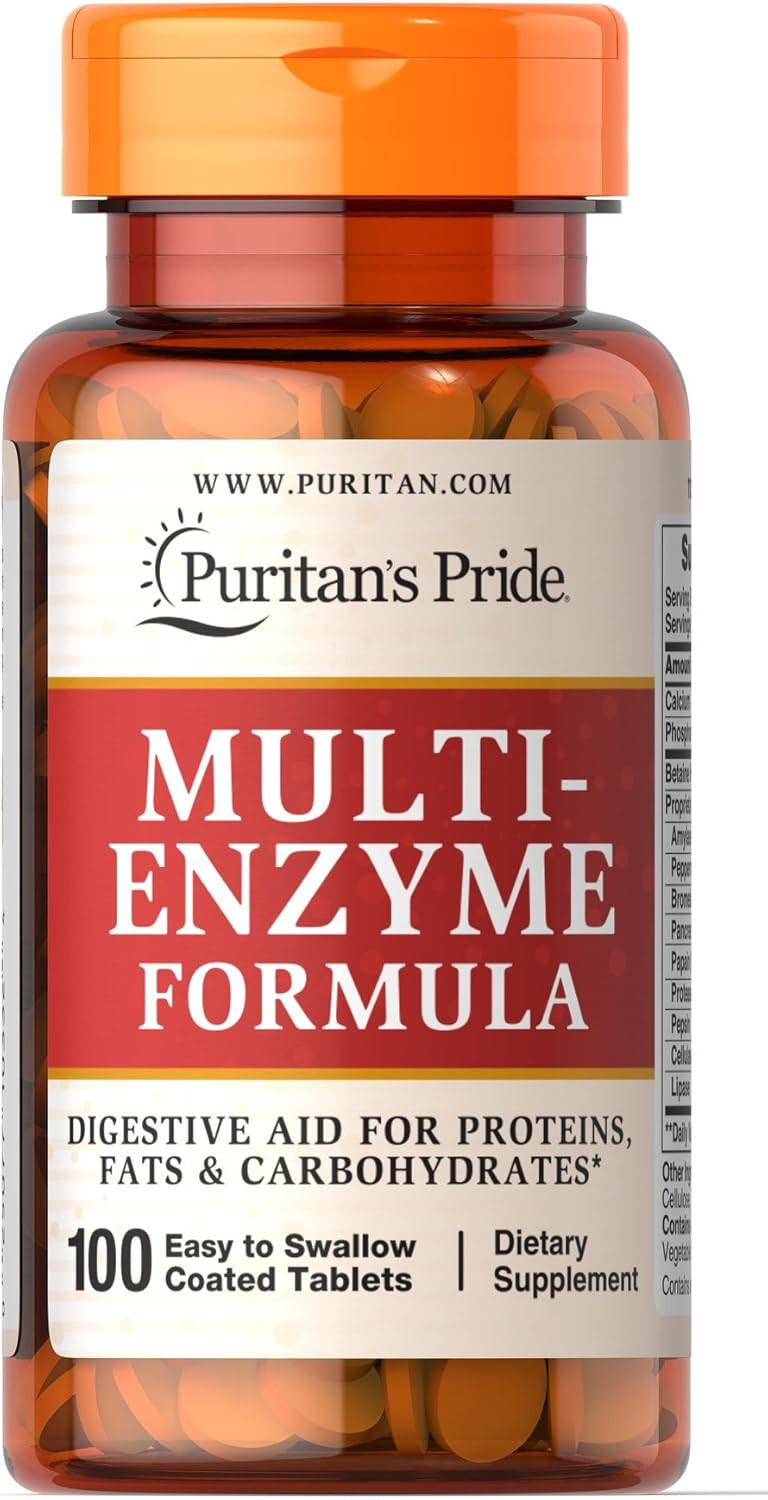 Puritan'S Pride Multi-Enzyme Formula, Digestive Aid For Proteins, Fats, And Carbohydrates, Dietary Supplement For Digestion And Healthy Gut Support, 50 Day Supply, 100 Easy To Swallow Coated Tablets
