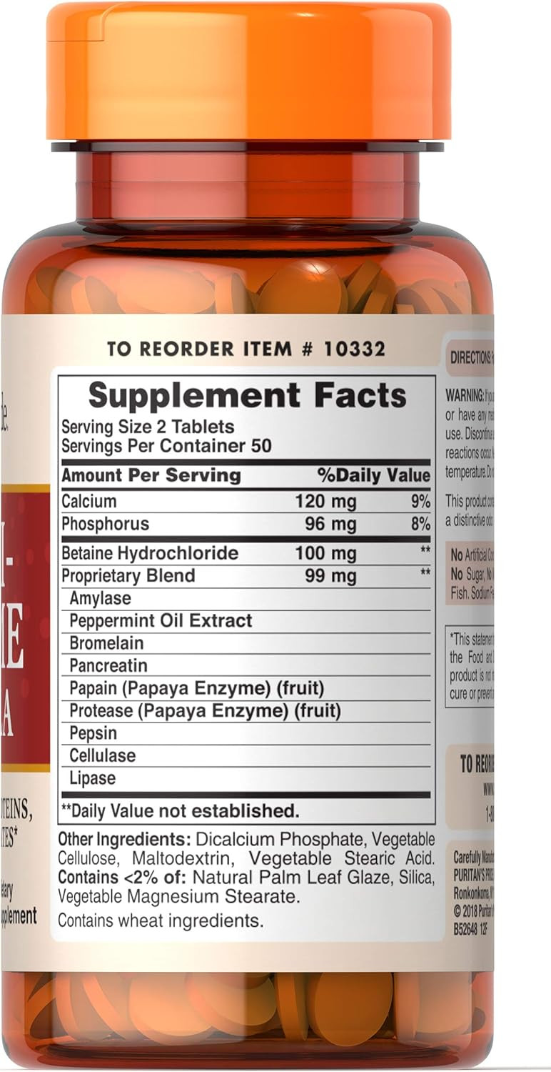 Puritan'S Pride Multi-Enzyme Formula, Digestive Aid For Proteins, Fats, And Carbohydrates, Dietary Supplement For Digestion And Healthy Gut Support, 50 Day Supply, 100 Easy To Swallow Coated Tablets