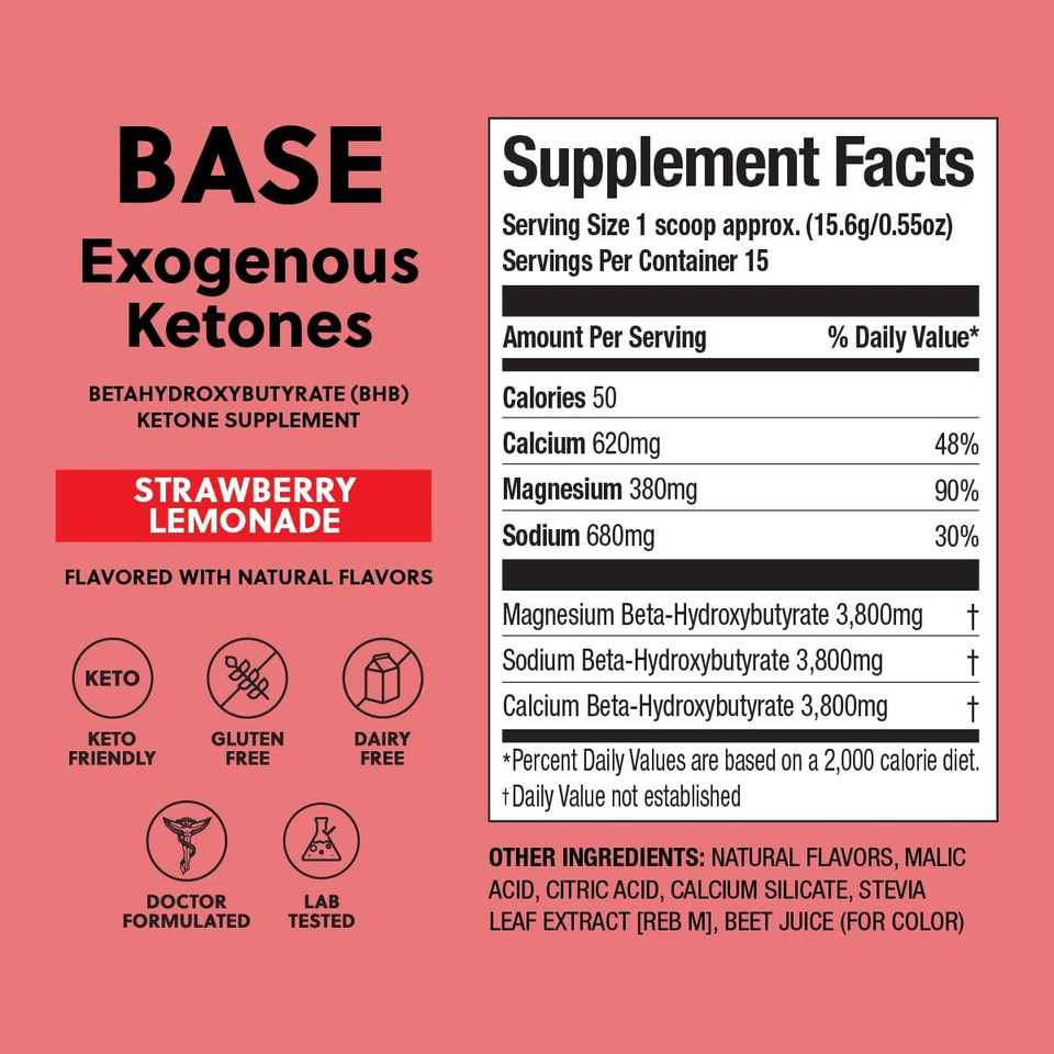 Perfect Keto Exogenous Ketones Powder, Bhb Salts Supplement For Ketosis & Fasting, Electrolytes For Hydration, Caffeine Free Energy, Keto Diet, Focus & Workout Support, Strawberry Lemonade, 8.57 Oz