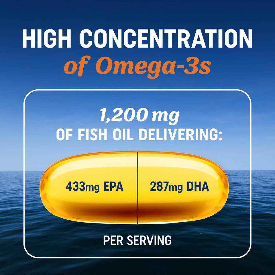 Triple Strength Omega 3 Fish Oil 1200 Mg | Epa & Dha | Wild Caught, Sustainably Sourced Omega-3 Fatty Acids | Premium Burpless Fish Oil Supplements | Non-Gmo, Third-Party Tested | 30 Softgels