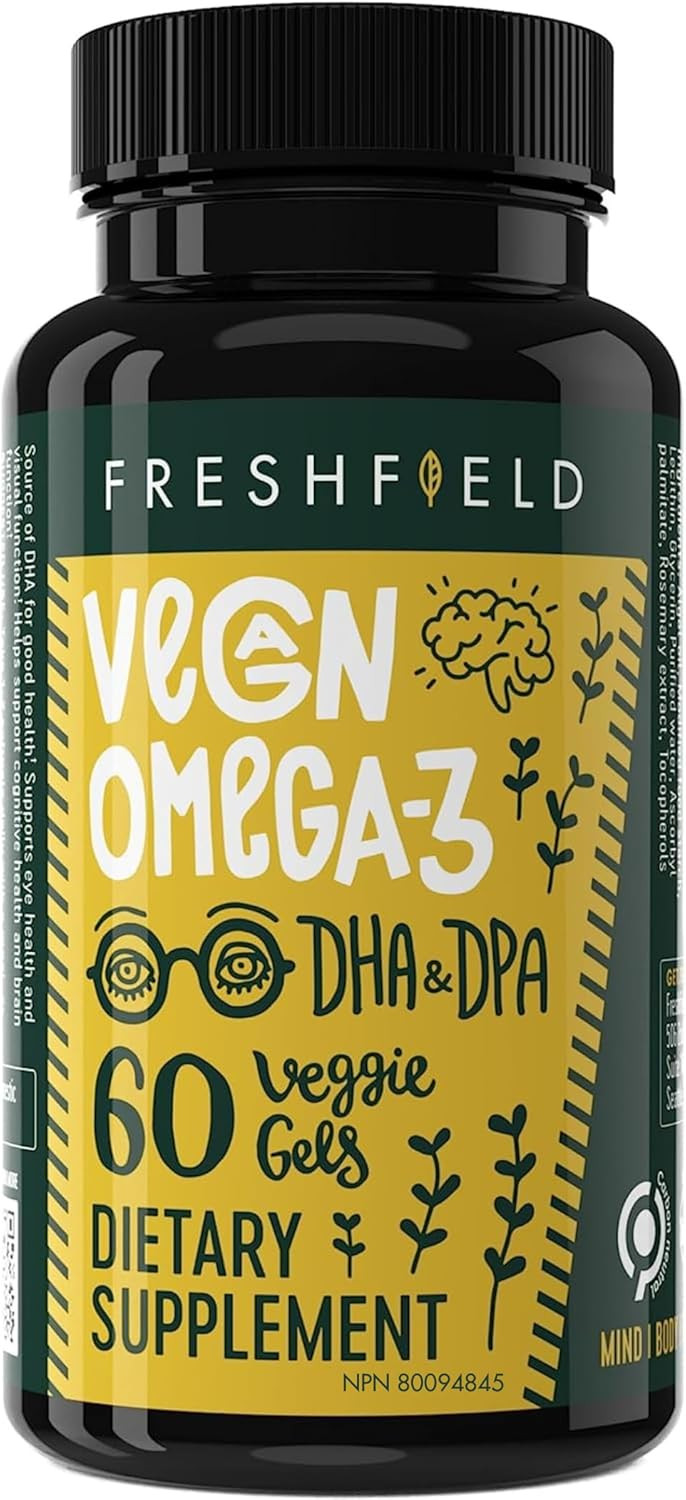 Freshfield Vegan Omega 3 Dha: Sustainably Sourced, Tested, Gmp, Premium, Carrageenan Free, Compostable Bottle, Fish Oil Replacement, Carbon Neutral. Supports Heart, Brain, Joint Health W/Dpa