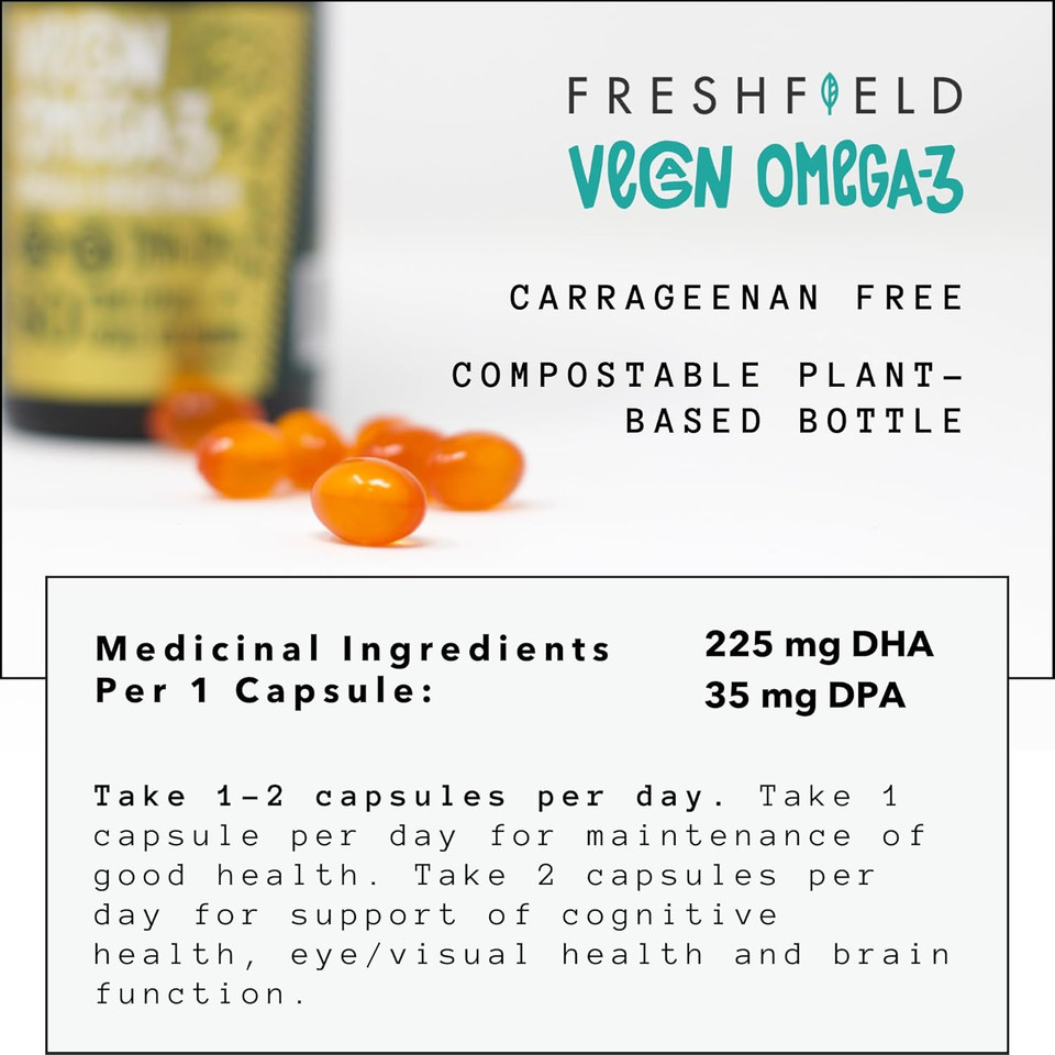 Freshfield Vegan Omega 3 Dha: Sustainably Sourced, Tested, Gmp, Premium, Carrageenan Free, Compostable Bottle, Fish Oil Replacement, Carbon Neutral. Supports Heart, Brain, Joint Health W/Dpa