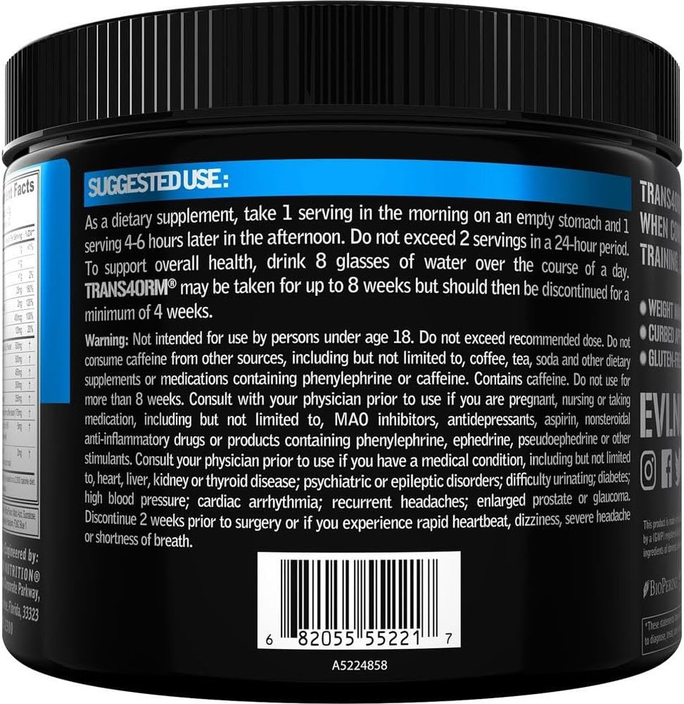 Evlution Thermogenic Fat Burning Support Powder Nutrition Trans4Orm Fast Acting Energy Powder To Support Fast Metabolism Weight Loss And Mental Focus With Cla Carnitine And Alpha Gpc - Blue Raz