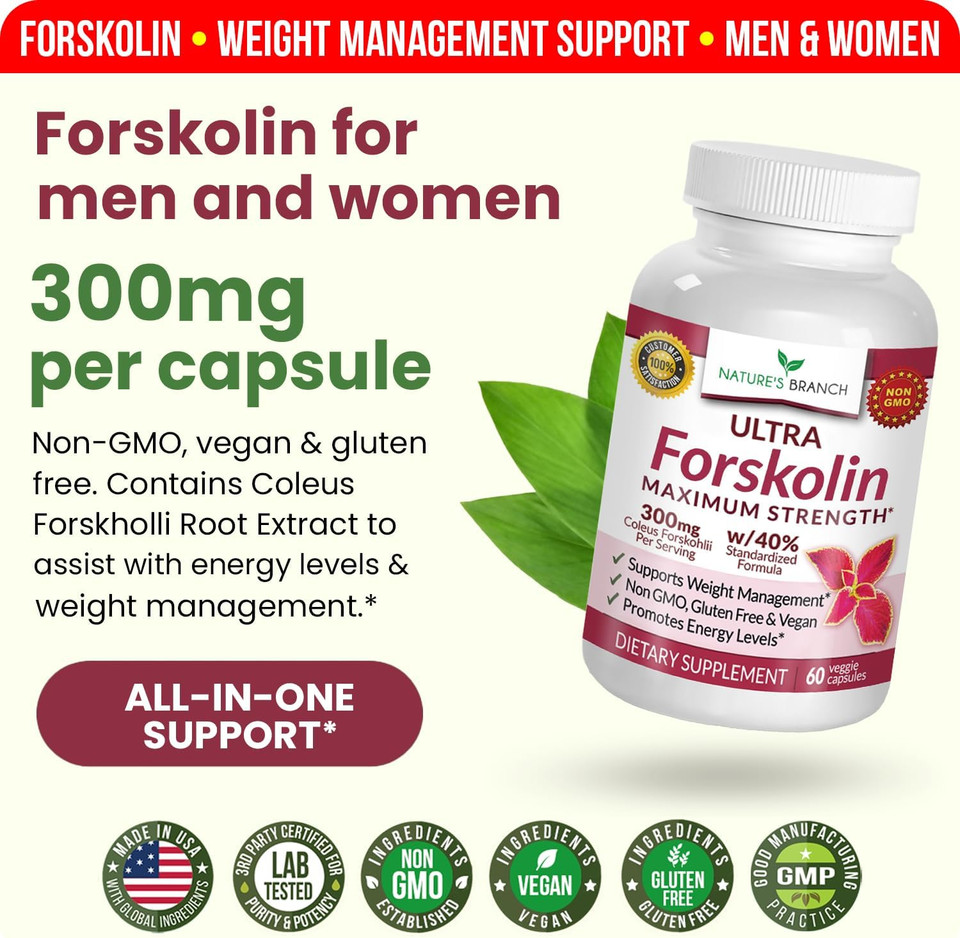 Nsp Certified Forskolin For Weight Management Maximum Strength | Coleus Forskohlii Root Extract Powder, 40% Standardized Ultra Lean Supplement For Men & Women, Energy Boost Complex - 60 Capsules
