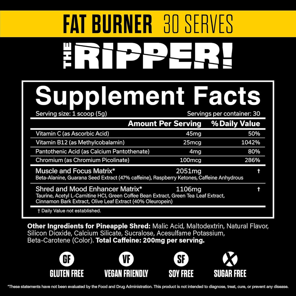 Jnx Sports The Ripper! Shredding Thermogenic Fat Burner - Pineapple Shred 30 Servings | Advanced Fast Acting Thermogenic Pre-Workout, Appetite Suppressant For Men & Women Jnx Sports The Ripper! Shredding Thermogenic Fat Burner - Pineapple Shred 30 Servings | Advanced Fast Acting Thermogenic Pre-Workout, Appetite Suppressant For Men & Women