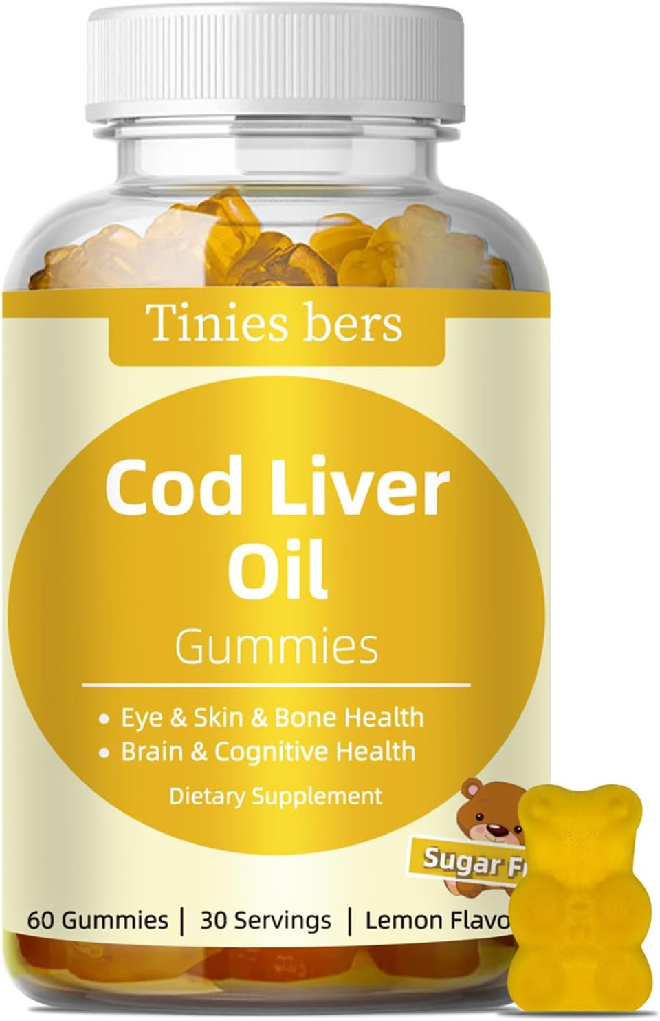 Cod Liver Oil Gummies 1000Mg, Sugar Free For Adults & Kids, Omega-3S & Vitamin A&D For Brain, Cognitive, Heart & Eye, Bone Health, Gluten Free, Non Gmo, Pectin, 60