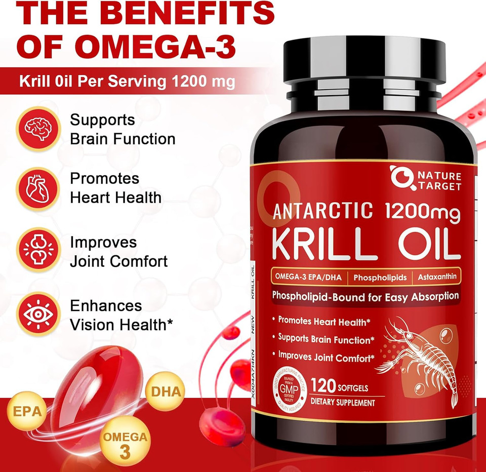 Krill Oil 1200Mg With Omega-3 Epa & Dha With Astaxanthin, Phospholipids & Choline - Supports Heart, Brain, Join Health, Non-Gmo, Gluten Free, 120 Softgels (60 Servings)