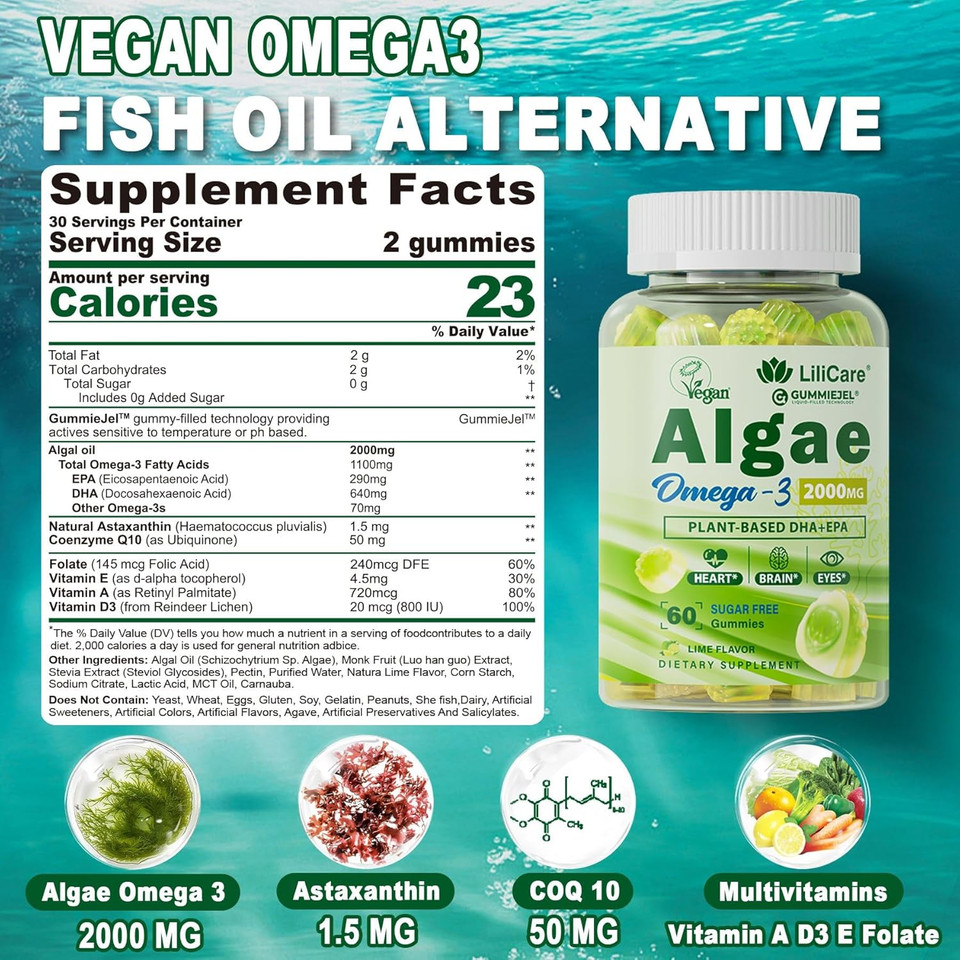 Vegan Omega 3 Supplement Gummies 1100Mg, Algae Omega 3 Dha 640Mg & Epa 290Mg From Marine, With Coq10, Astaxanthin, Vitamin E, A, D3 For Brain, Eye, Joint, Fish Oil Supplements Alternative, Sugar Free